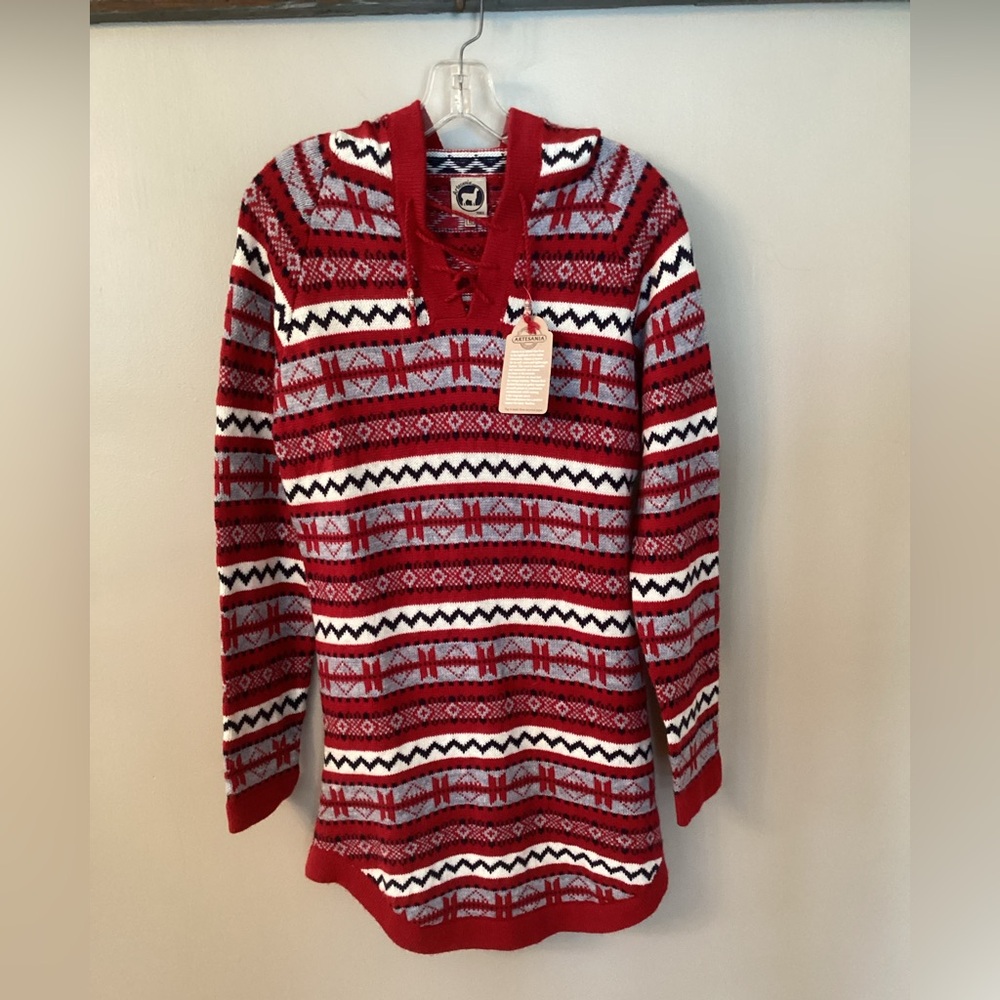 ARTESANIA WOMENS XL ALPACA HOODED NORDIC SWEATER NAVY RED PERU NWT